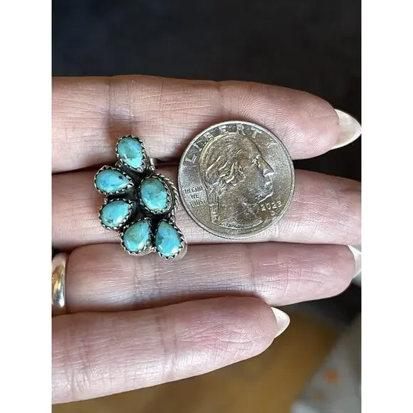 Native American Style Sterling Silver Turquoise Half Cluster Earrings Southwest - Picture 7 of 10